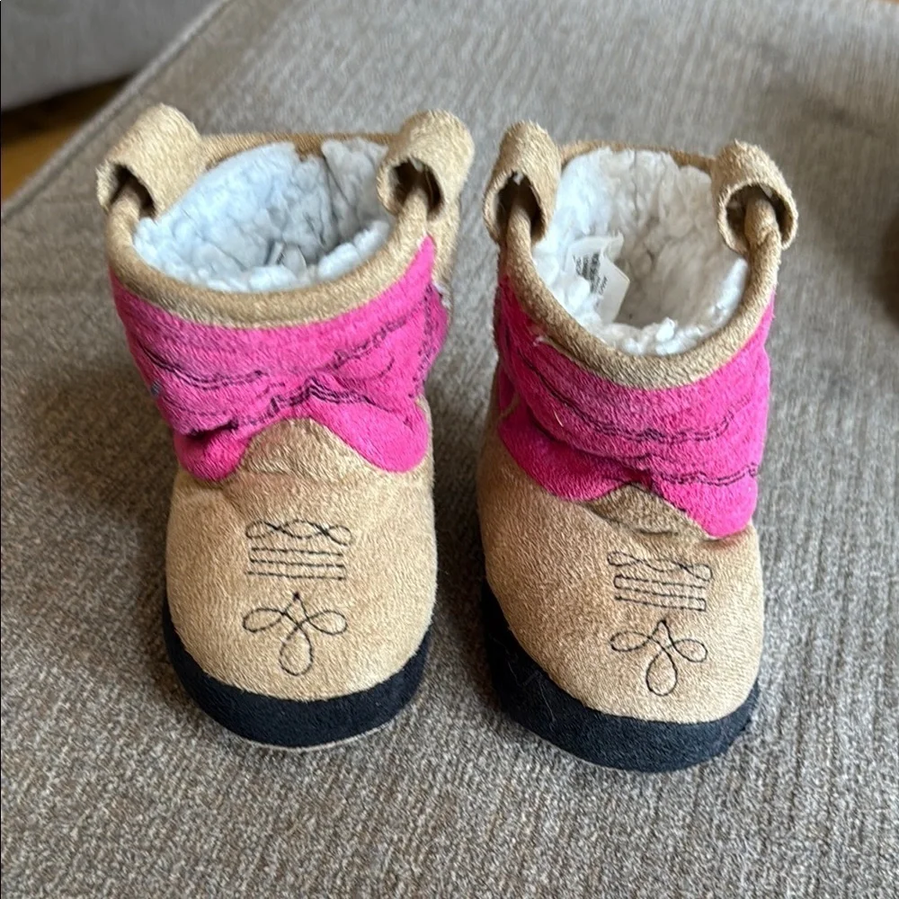 Cozy Pink and Tan Baby Boots Slippers, XS